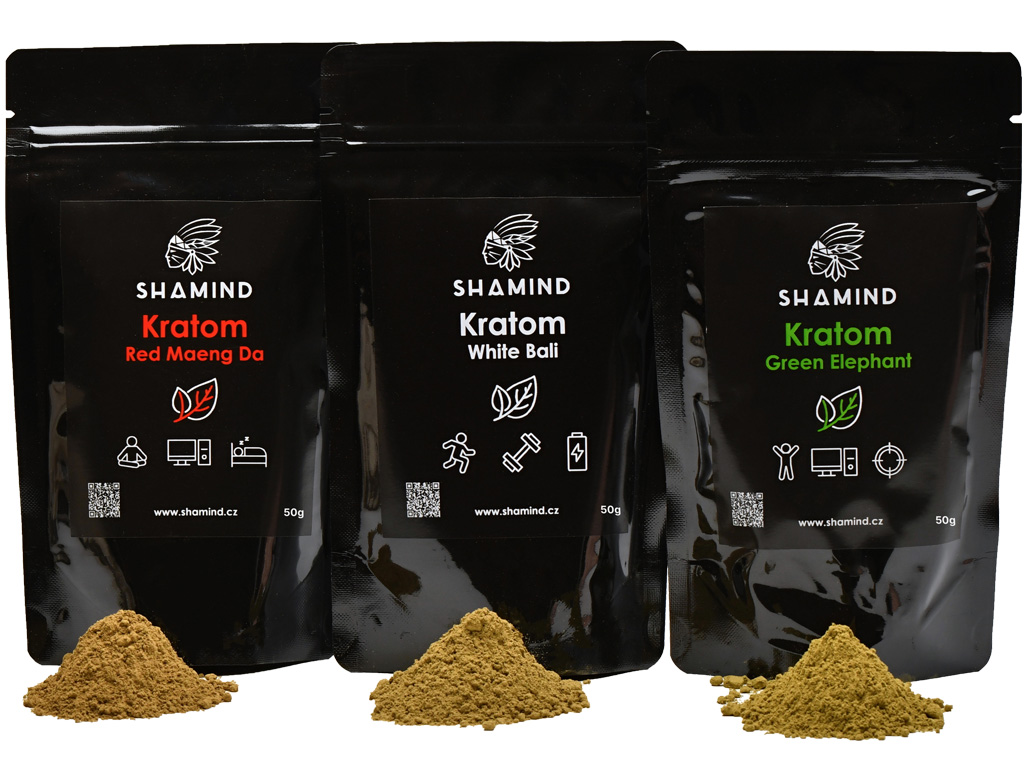 Shamind Kratom starter pack 3*50g Druh 1: Red Maeng Da, Druh 2: Gold Maeng Da