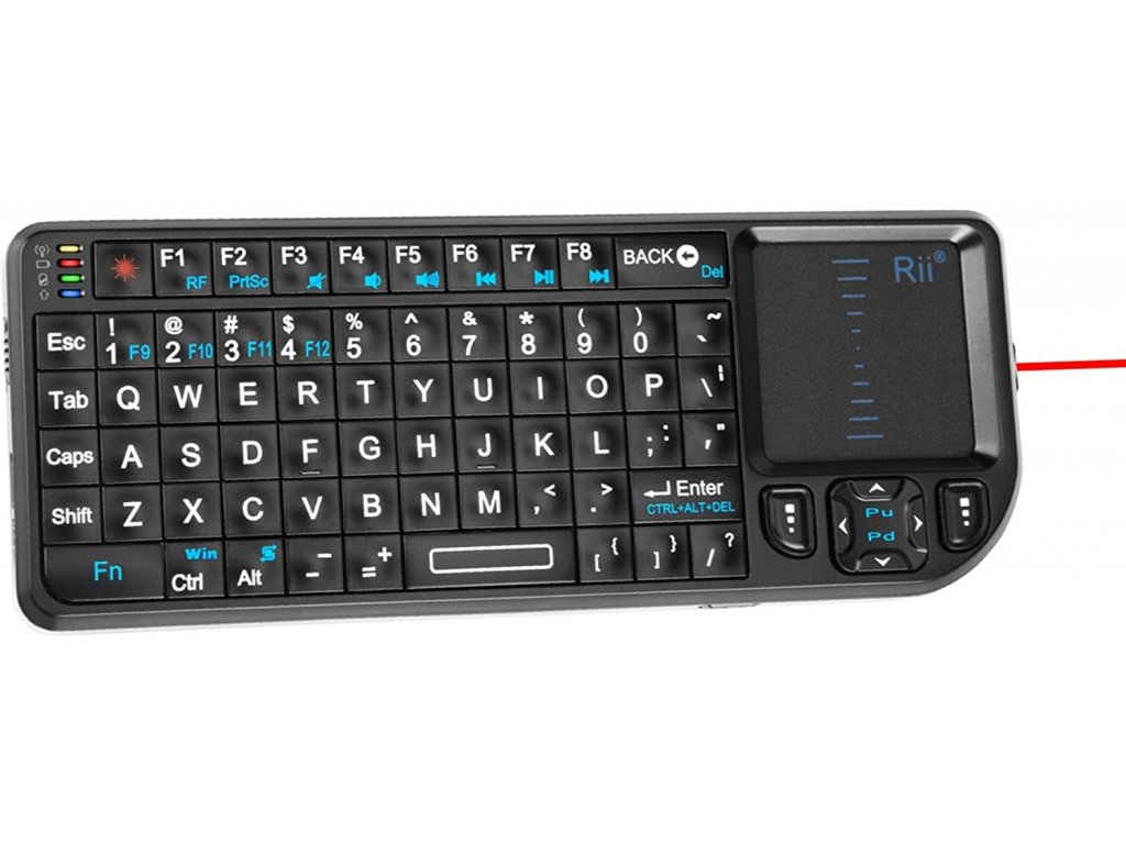 Bezdrátová klávesnice Rii Mini s touchpadem＆Klávesnice QWERTY, Podpora  Bluetooth ＆2,4G připojení, Vestavěné laserové ukazovátko - Shanks  Elektro-bazar