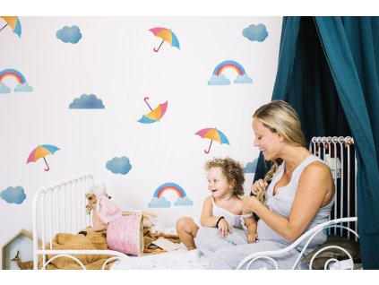 Boho nálepky na zdi. Abstraktní duha, mraky, deštníky