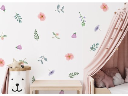 Květinové nálepky, nálepky na zeď, dekorace zdi, nálepka na stěnu boho, barevné květinové nálepky na zdi, botanické nálepky na zeď