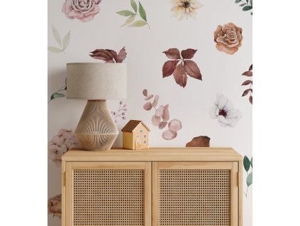 Obrovská sada nálepiek na stenu, Kvetinová lúka Boho štýl, pastelové nálepky na stenu, odlep a nalep, ľahko prestaviteľné, odnímateľné, dekorácie do detskej izby