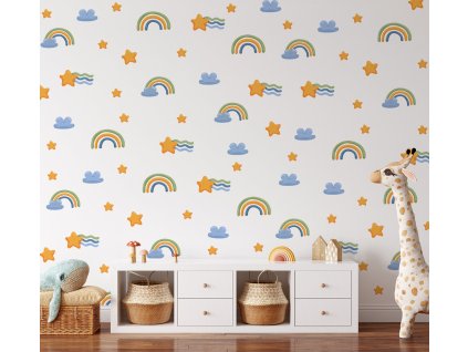 Boho nálepky na stenu. Abstraktné dúhy, mraky, hviezdy