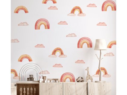 Nálepky na zeď Boho, nálepky Boho Syl na zdi, dekorace na zdi, duha, mraky, nálepky na duhovou duhu, abstraktní duha, kůra a stin