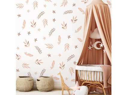 Boho Nálepky na stenu, Boho Syle Nálepka na stenu, Nástenná dekorácia, Abstraktné listy nálepka na stenu, Boho listy, perie, hviezdy, Botanické nálepky