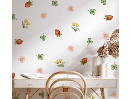 Květinové nálepky na zeď, lesní květinové nálepky na zdi, dekorace zdi, nálepky ve stylu boho na zdi, jahoda, čtyři -leaf, botanické nálepky na zeď