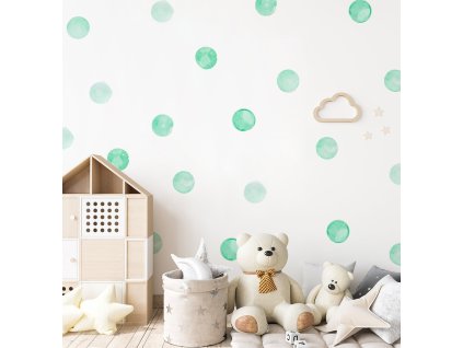 Tečky na zdi. Watercolor Dots, zelené tečky na zdi