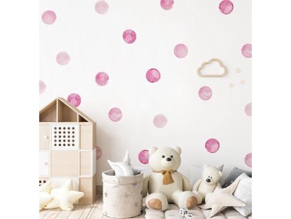 Tečky na zdi. Watercolor Dots, růžové tečky na zdi