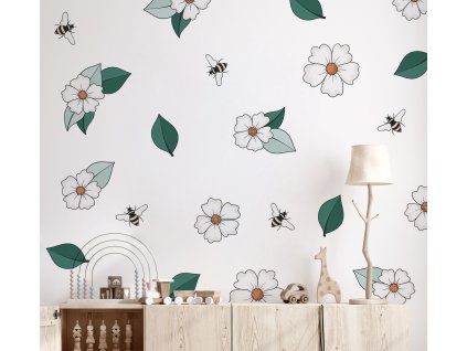 Květinové nálepky, nálepky na zeď, dekorace na zeď, nálepka na zeď ve stylu Boho, pastelové nálepky na zdi včel, nálepky na botanické stěny