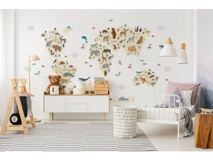 Zvieracia mapa sveta Nálepka na stenu. Dekorácie detskej izby