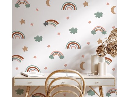 Boho nálepky na stenu. Abstraktné dúhy, mraky, hviezdy (2)