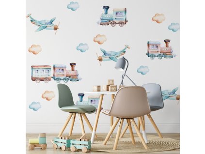 Obrovská sada nálepiek na stenu. Oblaky a lietadlo abstraktné