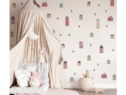 Nálepky na zdi krajiny. Domy a stromy (3)