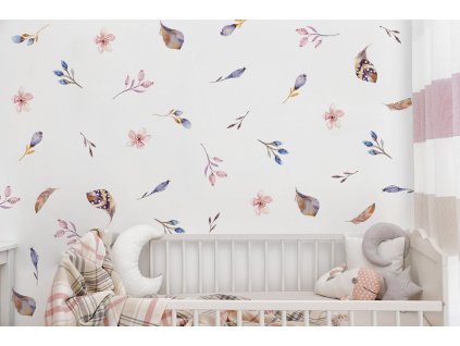 Květinové nálepky na zeď, louka květinové nálepky na zdi, dekorace zdi, nálepky na styl boho na zdi, barevné nálepky na zeď, květiny, peří samolepky