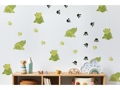 Nálepky na stěny dinosauři, nálepky na stěny dinosaurů, nálepky na stěny, nálepky na stěny, stopy, zelené samolepky na stěně dinosaurů