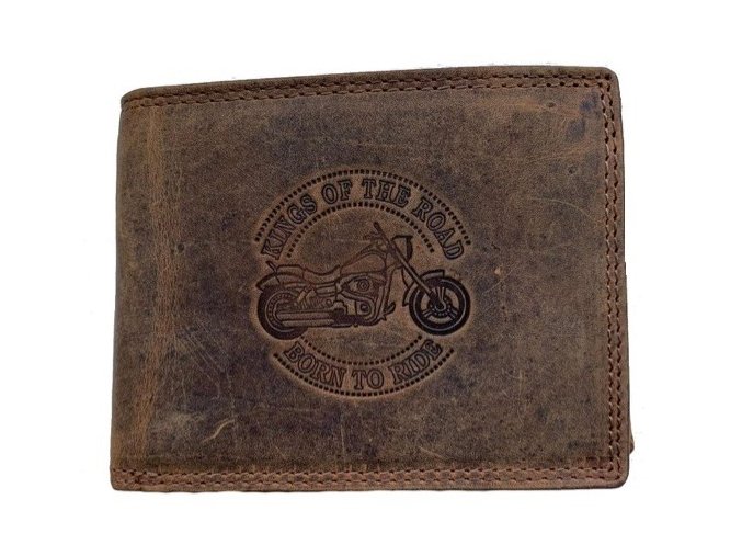 Kvalitní kožená peněženka, vyrobená z broušené hovězí kůže, klipové zavírání, motiv motorka KINGS OF THE ROAD BORN TO RIDE