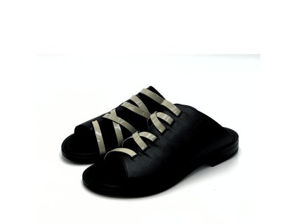 LE BOHÉMIEN dámské žabky s šedými pásky černé kožené | SC03-6C BARDOLINO