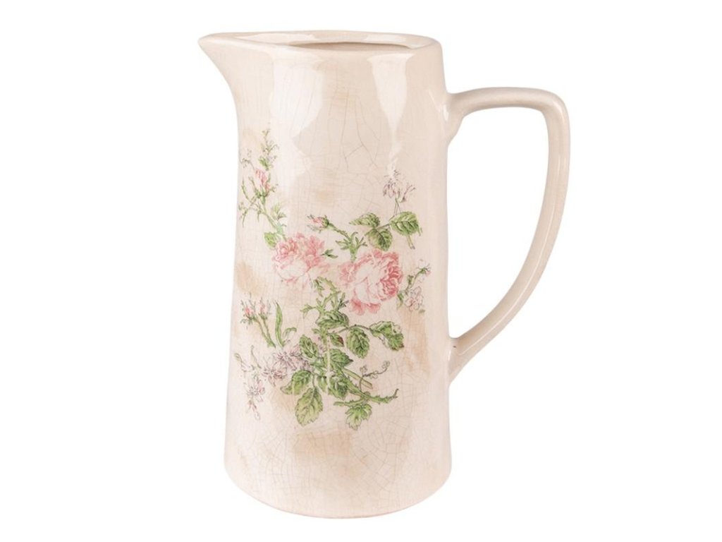 Dekorativní keramický džbánek VINTAGE FLOWERS Clayre & Eef 6CE1543L 21x15x25 cm