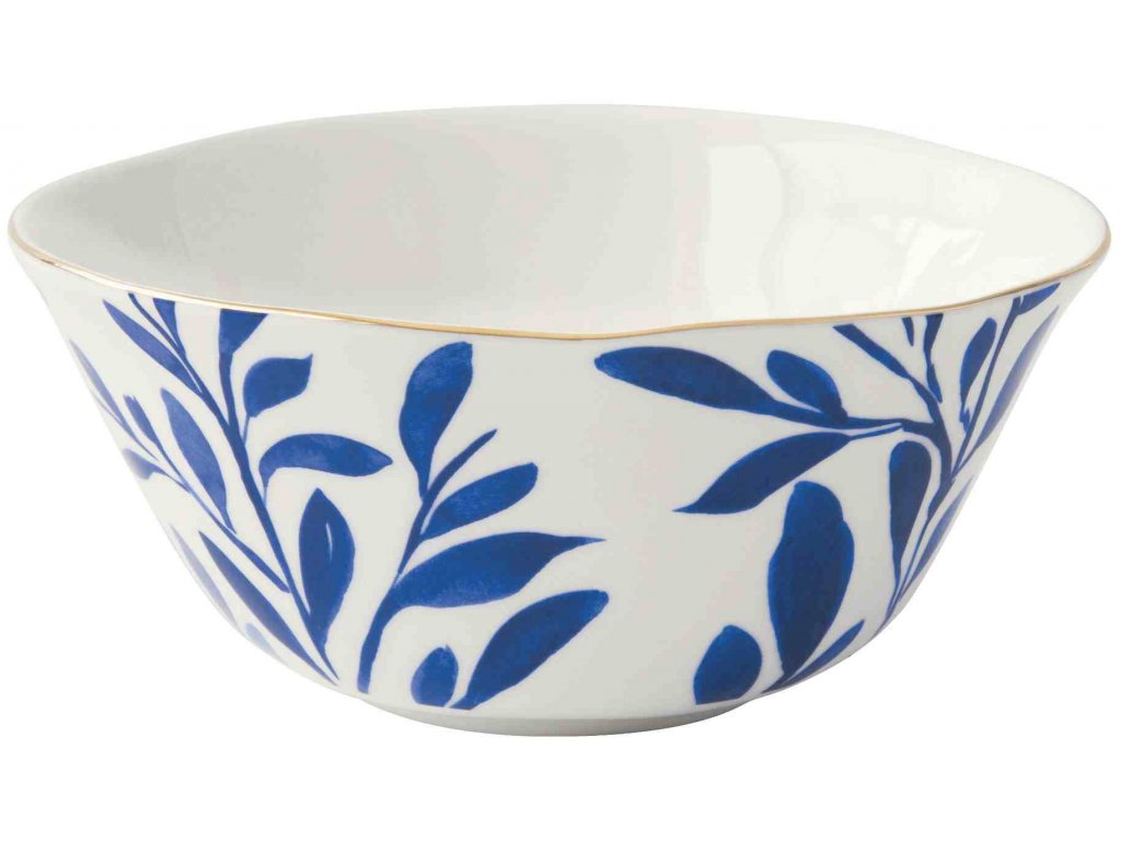 Porcelánová miska Elegance s malovaným modrým vzorem na bílém podkladě a zlatou linkou po obvodu. Průměr misky je 16 cm. Tento produkt je od značky Easy Life.