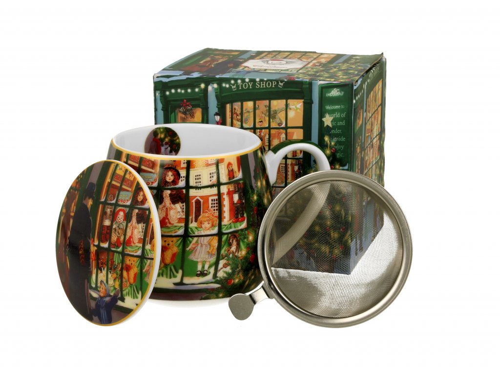 DG - Vánoční porcelánový hrnek barylka CHRISTMAS SHOP WINDOW se sítkem a víčkem v dárkové krabičce - 430 ml