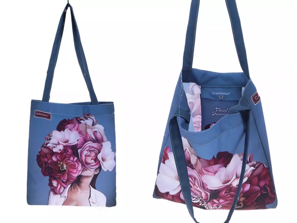 Carmani - Látková taška přes rameno, Květy na hlavě dekor č. 1 - 39x44cm