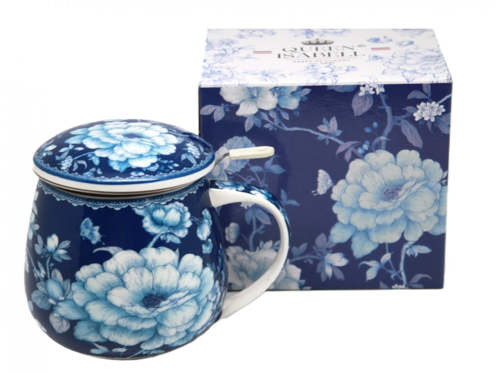 Porcelánový hrnek buclák se sítkem a víčkem modrý Vintage Růže - 450 ml