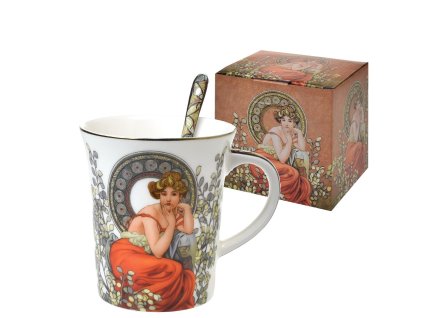 Hrnek 300 ml se lžičkou Alfons Mucha - Topaz (bílý podklad)