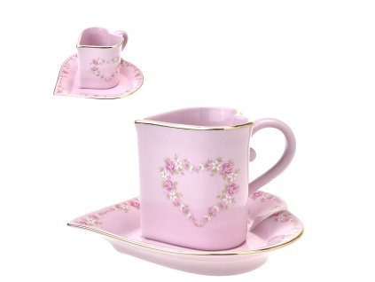 Šálek s podšálkem 200 ml srdce - girlanda z růžiček - růžový porcelán