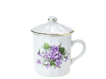 Hrnek s víčkem "ducháček" Tony 300 ml fialky se zlatou linkou