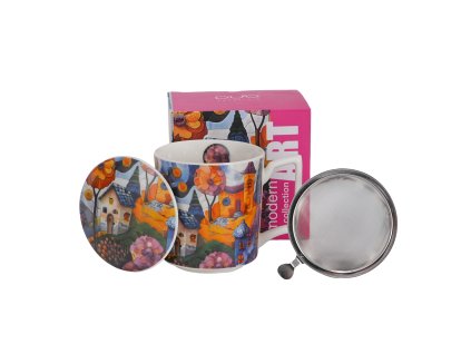DG - Porcelánový hrnek se sítkem a víčkem MODERN COUNTRYSIDE v dárkové krabičce - 450 ml