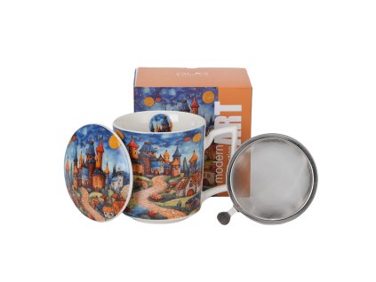 DG - Porcelánový hrnek se sítkem a víčkem MODERN SLEEPY KINGDOM v dárkové krabičce - 450 ml