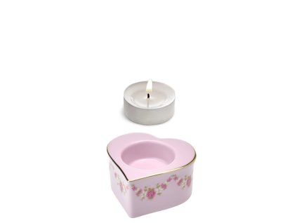 Svícen na čajovou svíčku srdíčko - girlanda z růžiček - růžový porcelán 7,5 x 7,5 x 4 cm