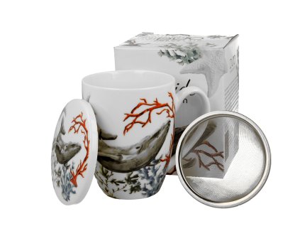 DG - Porcelánový hrnek se sítkem a víčkem Velryba - 360 ml