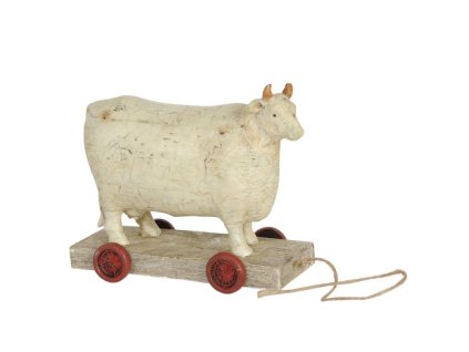 Dekorativní figurka světlé krávy na vozíčku Clayre & Eef 6PR0034 14*7*12 cm