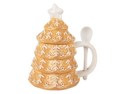 Keramický hrnek s víčkem a lžičkou CHRISTMAS TREE Clayre & Eef 6CEMU0212 16x12x18 cm / 350 ml