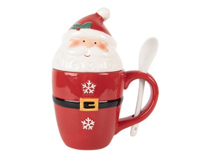 Keramický hrnek s víčkem a lžičkou SANTA CLAUS Clayre & Eef 6CEMU0218 13x9x17 cm / 300 ml