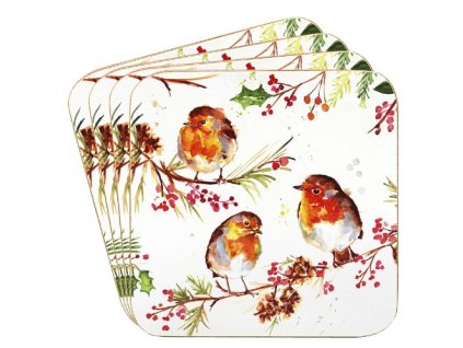 LP - Vánoční korkové prostírání pod skleničky WINTER ROBINS 4 ks - 10,5x 10,5 cm