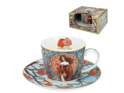 Šálek s podšálkem 230ml z kostního porcelánu - volná inspirace dílem Alfonse Muchy