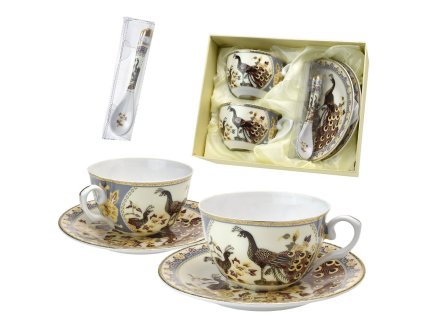 Šálek s podšálkem 240 ml na čaj - čínský motiv s pávy - sada 2 ks