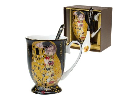 Hrnek 300 ml se lžičkou Gustav Klimt - Polibek (tmavý podklad)