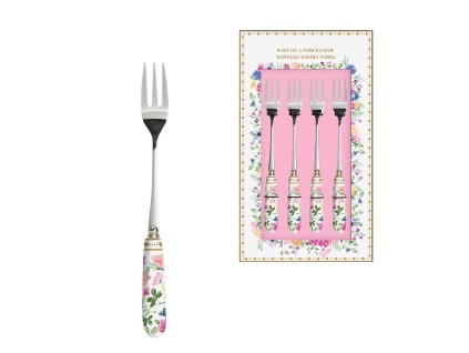 Dezertní vidlička nerezová s porcelánovou úchytkou - Kvetoucí láska - sada 4 ks