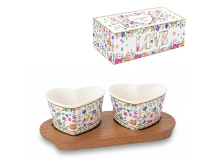 Souprava misek 7 cm na dřevěným podnosu 21 x 10 cm - Easy Life - Kvetoucí láska