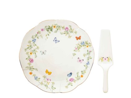 Talíř na dort 32 cm s porcelánovou lopatkou - Easy Life - Tančící motýlci