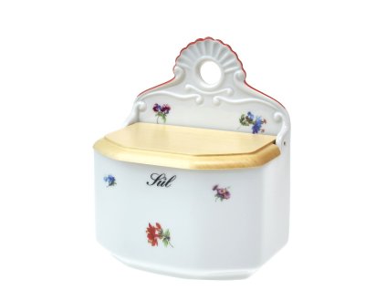 Slánka / dóza závěsná se dřevěným víčkem "SŮL" rakouská házenka s červenou linkou