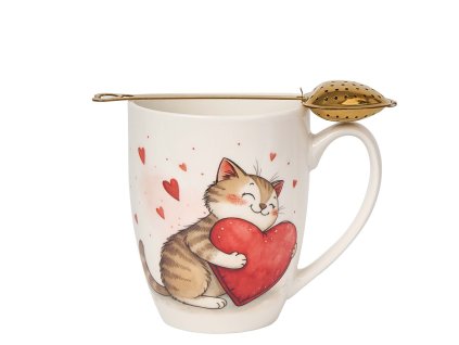 Hrnek 350 ml s kovovým sítkem ve tvaru srdce - Kotě s velkým srdcem