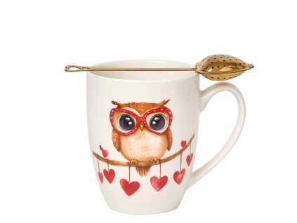 Hrnek 350 ml s kovovým sítkem ve tvaru srdce - Sova mezi srdíčky