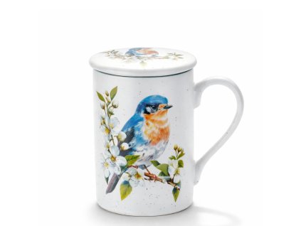 Hrnek 300 ml se sítkem a víčkem modrý vnitřek - ptáčci