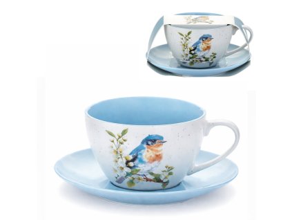 Šálek s podšálkem 300 ml s ptáčkem v dárkovém papírovém přebalu