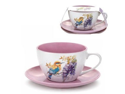 Šálek s podšálkem 300 ml s ptáčkem v dárkovém papírovém přebalu