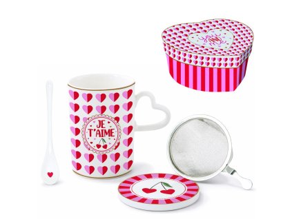 Hrnek 350 ml se sítkem, víčkem a porcelánovou lžičkou - Easy Life - Malá srdíčka