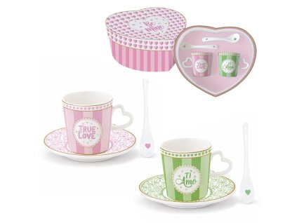 Šálek s podšálkem 100 ml na espresso - Easy Life - Malá srdíčka pink and green - sada 2 ks